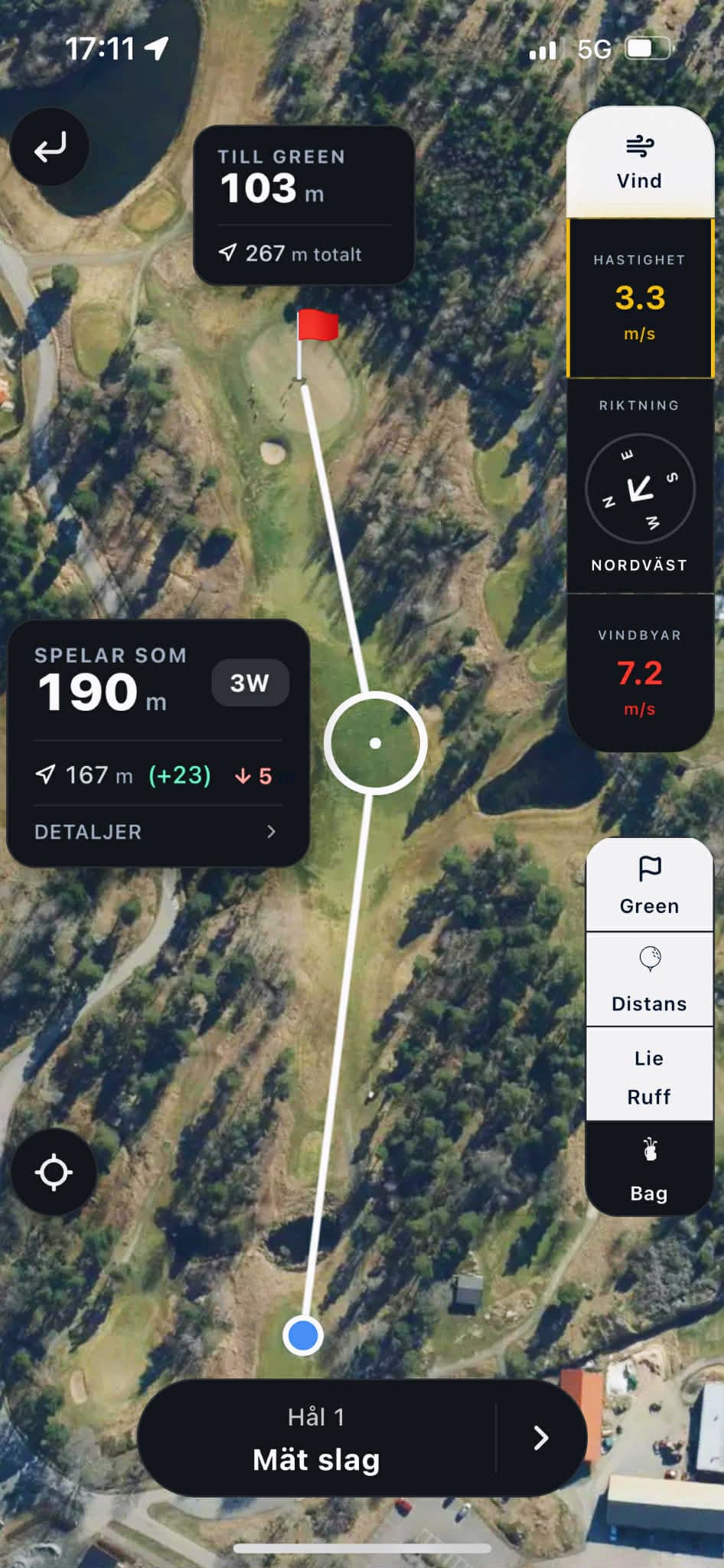 Caddio-appen med karta och väderpaneler